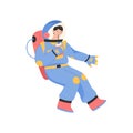 Male astronaut drinking soda and flying in zero gravity