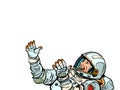 male astronaut, hands raised up. Science and space exploration. Man in a spacesuit