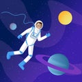 Male astronaut in outer space illustration. Interstellar traveler, cosmonaut in spacesuit floating in cosmos cartoon