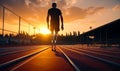 Male athlete with artificial legs on the sports track. Handicapped sportsman on the stadium at sunset. Low angle view. Generative