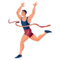 Male athlete in a blue tank top and red shorts ran first in the competition and crossed the finish line, joy, victory