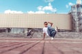 Male athlete, guy dancer summer city. Free space for motivation text. Fashionable and modern break dance style fast Royalty Free Stock Photo