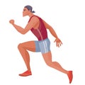 Male athlete in a red tank top and blue shorts runs fast and tries to win the competition, hope, victory, tenacity