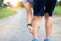 Male athlete runner muscle and ankle injury after jogging. Athlete man runner touching muscle in painful. Muscle and ankle injury Royalty Free Stock Photo