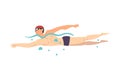 Male Athlete in Swimming Pool, Guy in Swimwear Performing Water Activities, Swim Sport Cartoon Style Vector Illustration Royalty Free Stock Photo