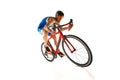 Male athlete in uniform, cyclist in motion on bike, training, competing isolated on white studio background