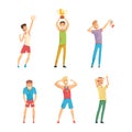 Male athletes celebrating victory set. Sports competition winners standing with hands raised cartoon vector illustration Royalty Free Stock Photo