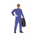 Male auto mechanic cartoon character holding car tire standing isolated on white background