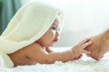 Male baby holding hands holding father`s finger Royalty Free Stock Photo