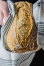 Male Baker Holding in Hands Freshly Baked Hand Crafted Rustic Bread Loaf Wrapped in White Linen Towel. Authentic Style