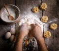 Male baker prepares bread. Making bread. Top view. Rustic style Royalty Free Stock Photo