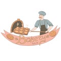 A male baker takes out buns from the oven. Bakery logo isolate on a white background. Vector graphics