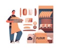 Male baker in uniform holding baguettes different bakery pastry products baking concept