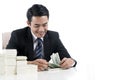 Male banker is counting banknotes on white background and copy s