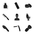 Male barber, symbol, clipper and other equipment for hairdressing.Barbershop set collection icons in black style vector