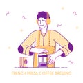 Male Bartender or Hipster Character Make Brewing French Press Coffee Concept. Coffee Shop Poster, Advertising Banner