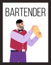 Male bartender mixing drinks in Boston shaker, poster template with text, flat vector illustration. Royalty Free Stock Photo