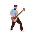 Male bass guitarist rock band cartoon character playing electric guitar musical instrument Royalty Free Stock Photo