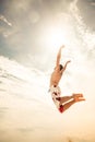 Male beach volleyball game player jump on hot sand Royalty Free Stock Photo