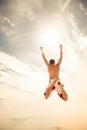 Male beach volleyball game player jump on hot sand Royalty Free Stock Photo