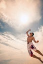 Male beach volleyball game player jump on hot sand Royalty Free Stock Photo