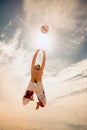Male beach volleyball game player jump on hot sand Royalty Free Stock Photo
