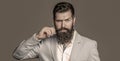 Male beard and mustache. Elegant man in business suit. Sexy male, brutal macho, hipster. Male in tuxedo Royalty Free Stock Photo