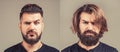 Collage man before and after visiting barbershop, different haircut, mustache, beard. Male beauty, comparison. Shaving