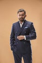 Male beauty concept. Portrait of a fashionable young man with stylish haircut wearing trendy suit posing over pastel Royalty Free Stock Photo