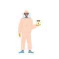 Male beekeeper cartoon character holding glass jar with organic natural honey isolated on white