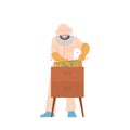 Male beekeeper cartoon character in protective uniform making honey working at apiary farm