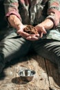 Male beggar hands seeking food or money at public path way Royalty Free Stock Photo