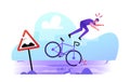 Male Bicyclist Stumble and Fall from Bicycle on Broken Roadside with Cracked Asphalt. Dangerous Situation on Highway