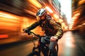 Male biker driving cycle at city street. Generative AI