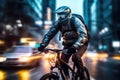 Male biker driving cycle at city street. Generative AI