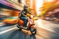 Male biker driving retro scooter at city street. Generative AI