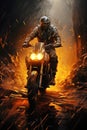 male biker motorcyclist rider in a helmet rides sports motorcycle in a race through the night city