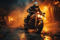 male biker motorcyclist rider in a helmet rides sports motorcycle in a race through the night city