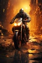 male biker motorcyclist rider in a helmet rides sports motorcycle in a race through the night city