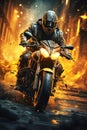 male biker motorcyclist rider in helmet rides a sports motorcycle in a race in night city
