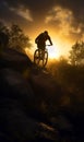 Male biker riding his vehicle by the rocks at sun dusk. Cyclist going mountain biking alone. Generative AI Royalty Free Stock Photo