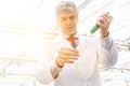 Male biochemist pouring chemical in test tube with pipette in plant nursery