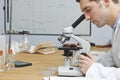 Male Biology Teacher Looking Through Microscope In Classroom Royalty Free Stock Photo