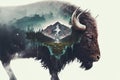 Male bison grazing on grassland with double exposure natural background