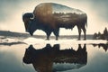 Male bison grazing on grassland with double exposure natural background