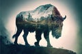 Male bison grazing on grassland with double exposure natural background