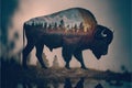 Male bison grazing on grassland with double exposure natural background