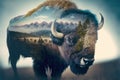 Male bison grazing on grassland with double exposure natural background