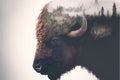 Male bison grazing on grassland with double exposure natural background