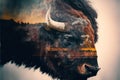Male bison grazing on grassland with double exposure natural background
